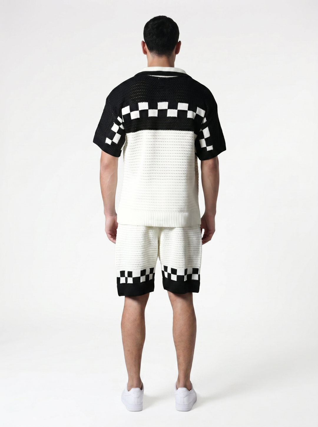 Ensemble Chemise & Short Texturé Maille motifs carreau - Blanc/Noir