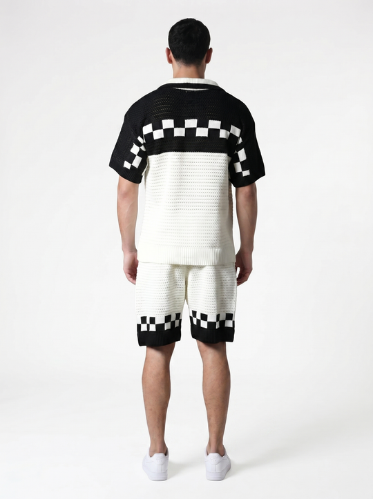 Ensemble Chemise & Short Texturé Maille motifs carreau - Blanc/Noir