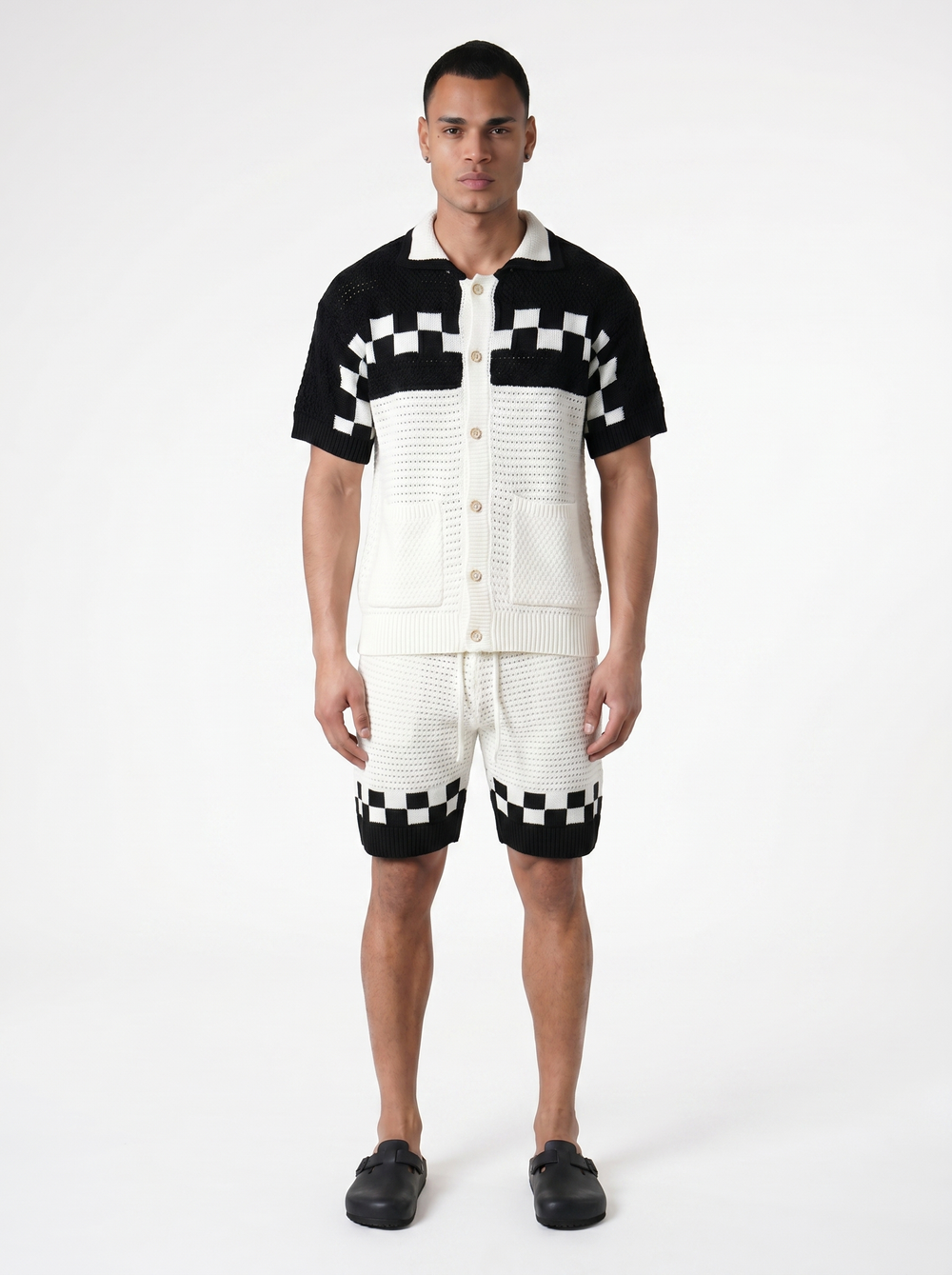 Ensemble Chemise & Short Texturé Maille motifs carreau - Blanc/Noir