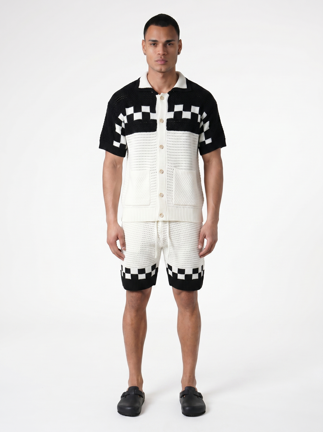 Ensemble Chemise & Short Texturé Maille motifs carreau - Blanc/Noir