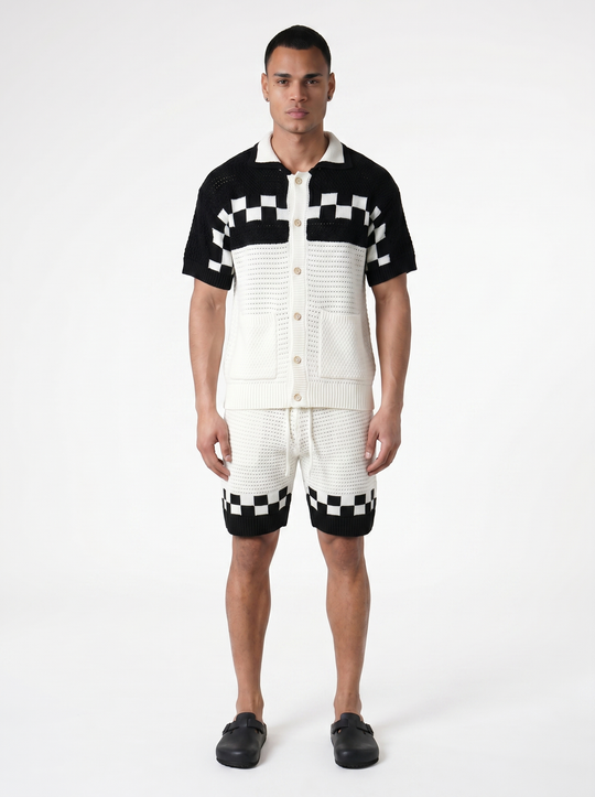 Ensemble Chemise & Short Texturé Maille motifs carreau - Blanc/Noir