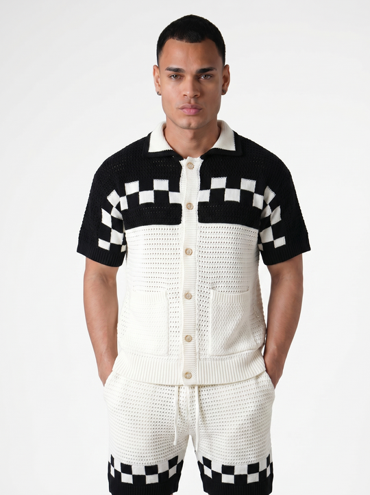 Ensemble Chemise & Short Texturé Maille motifs carreau - Blanc/Noir