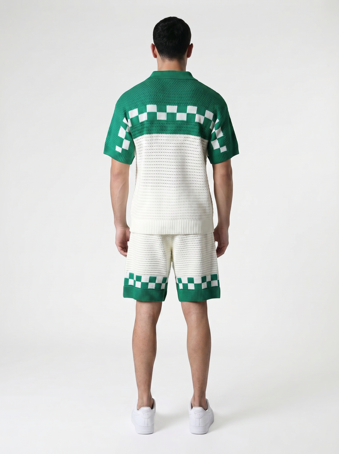 Ensemble Chemise & Short Texturé Maille motifs carreau - Blanc/vert