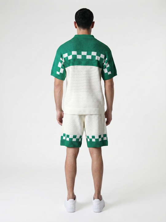 Ensemble Chemise & Short Texturé Maille motifs carreau - Blanc/vert
