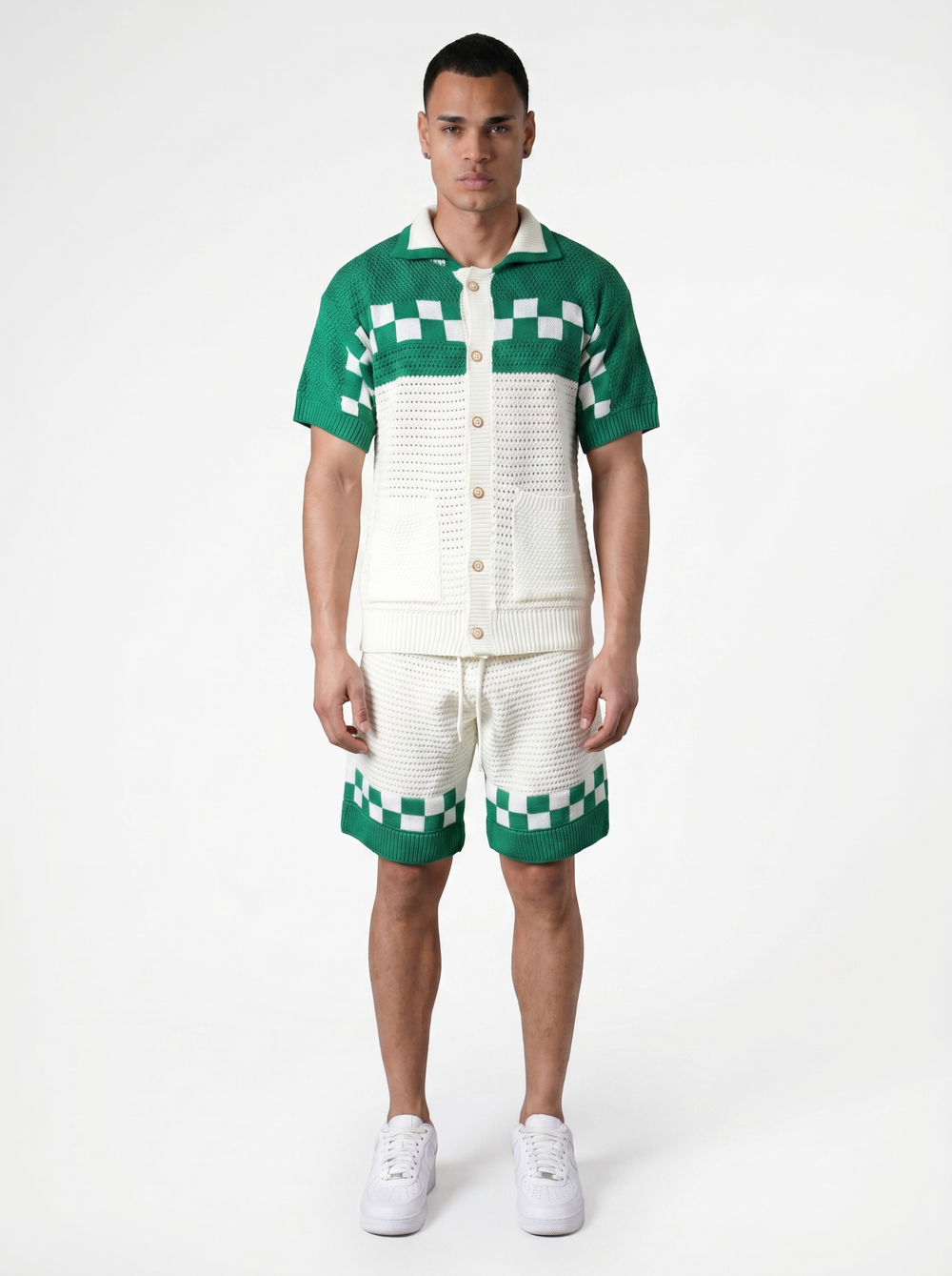Ensemble Chemise & Short Texturé Maille motifs carreau - Blanc/vert