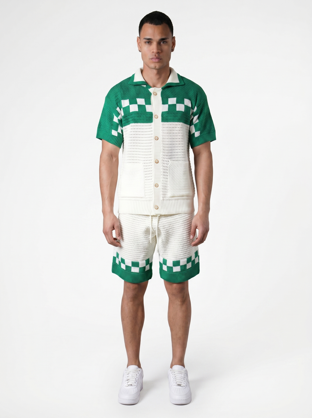 Ensemble Chemise & Short Texturé Maille motifs carreau - Blanc/vert