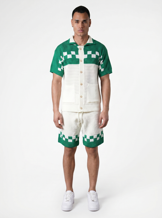 Ensemble Chemise & Short Texturé Maille motifs carreau - Blanc/vert
