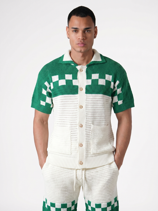 Ensemble Chemise & Short Texturé Maille motifs carreau - Blanc/vert