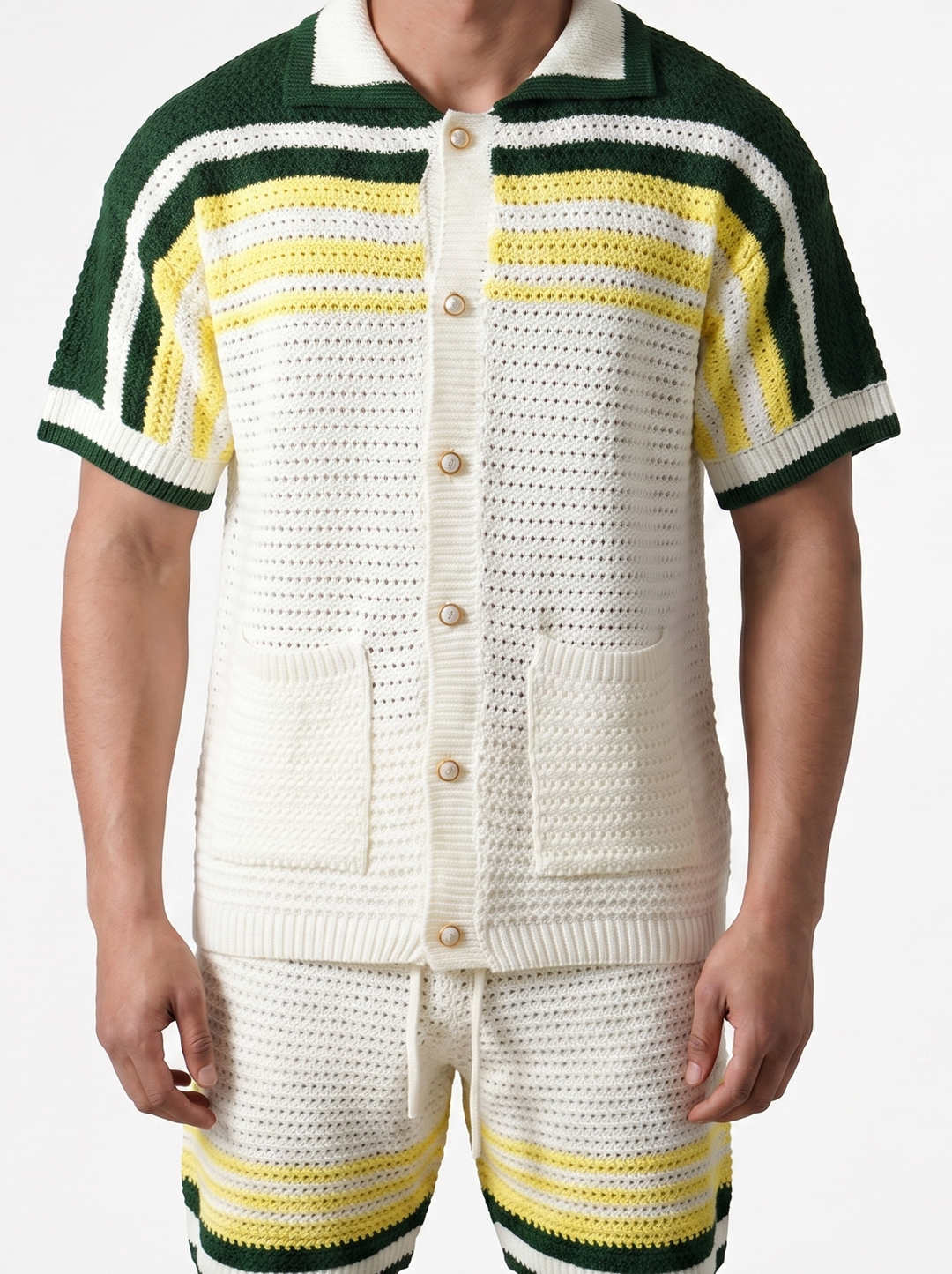 Ensemble Chemise & Short Texturé Maille - Blanc/Jaune