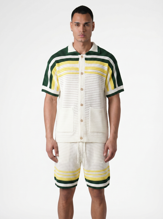 Ensemble Chemise & Short Texturé Maille - Blanc/Jaune