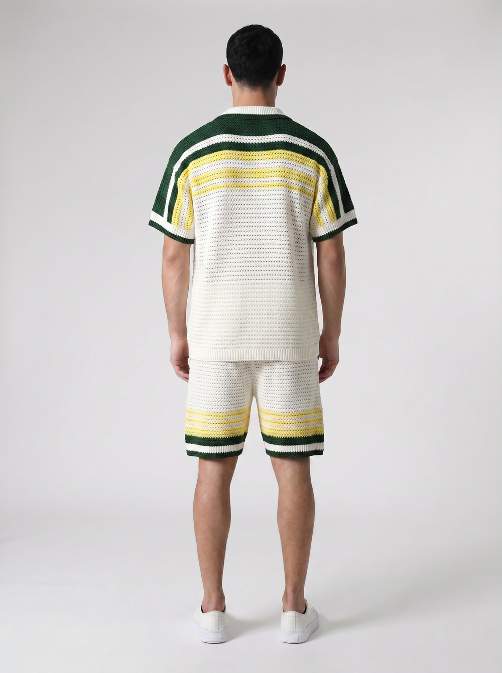 Ensemble Chemise & Short Texturé Maille - Blanc/Jaune