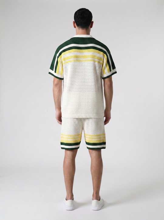 Ensemble Chemise & Short Texturé Maille - Blanc/Jaune