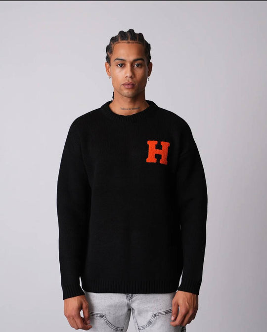 Pull "Harvard Style" Lettre H Brodée - NOIR