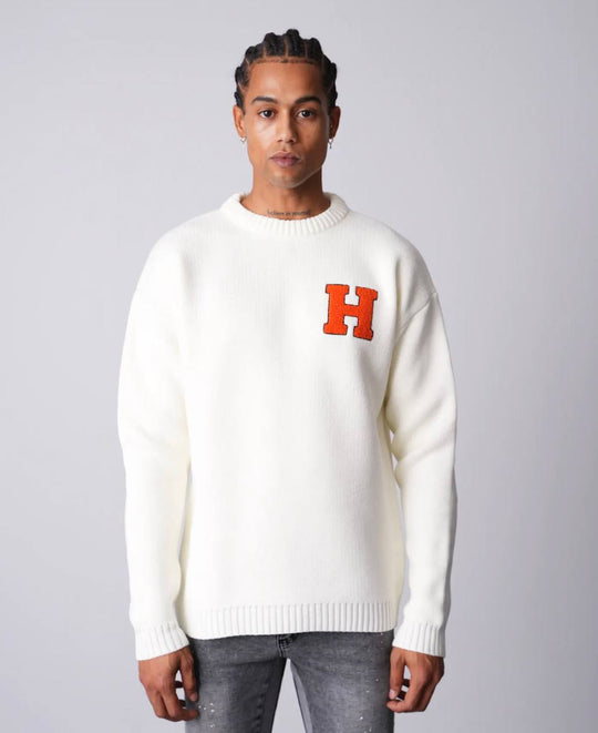 Pull "Harvard Style" Lettre H Brodée - BLANC
