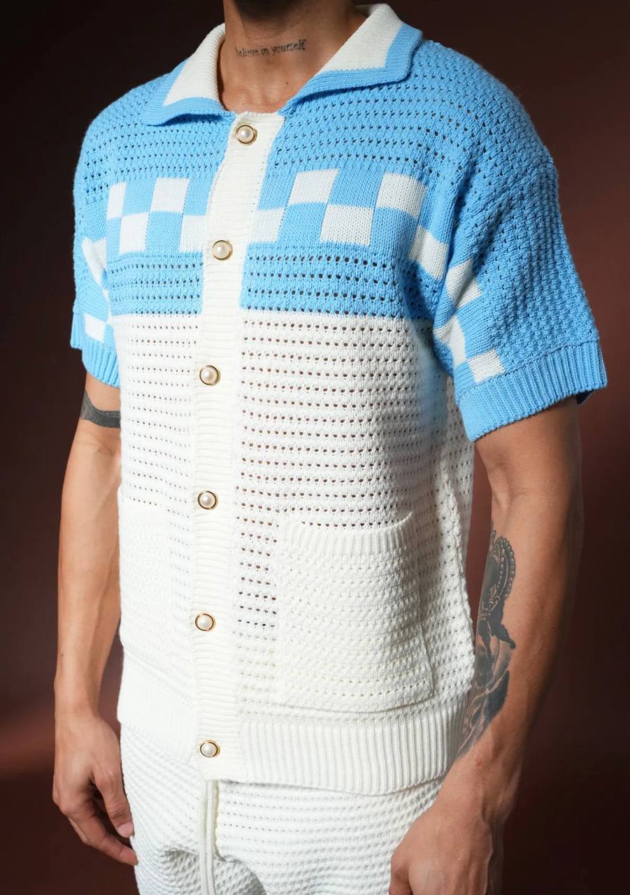 Ensemble Chemise & Short Texturé Maille motifs carreau - Blanc/Bleu ciel