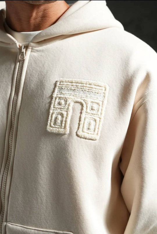 Sweat zippé à capuche "I.P. PRIVATE" unisexe - Beige