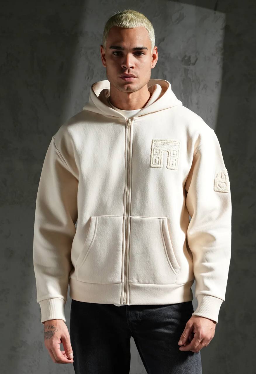 Sweat zippé à capuche "I.P. PRIVATE" unisexe - Beige