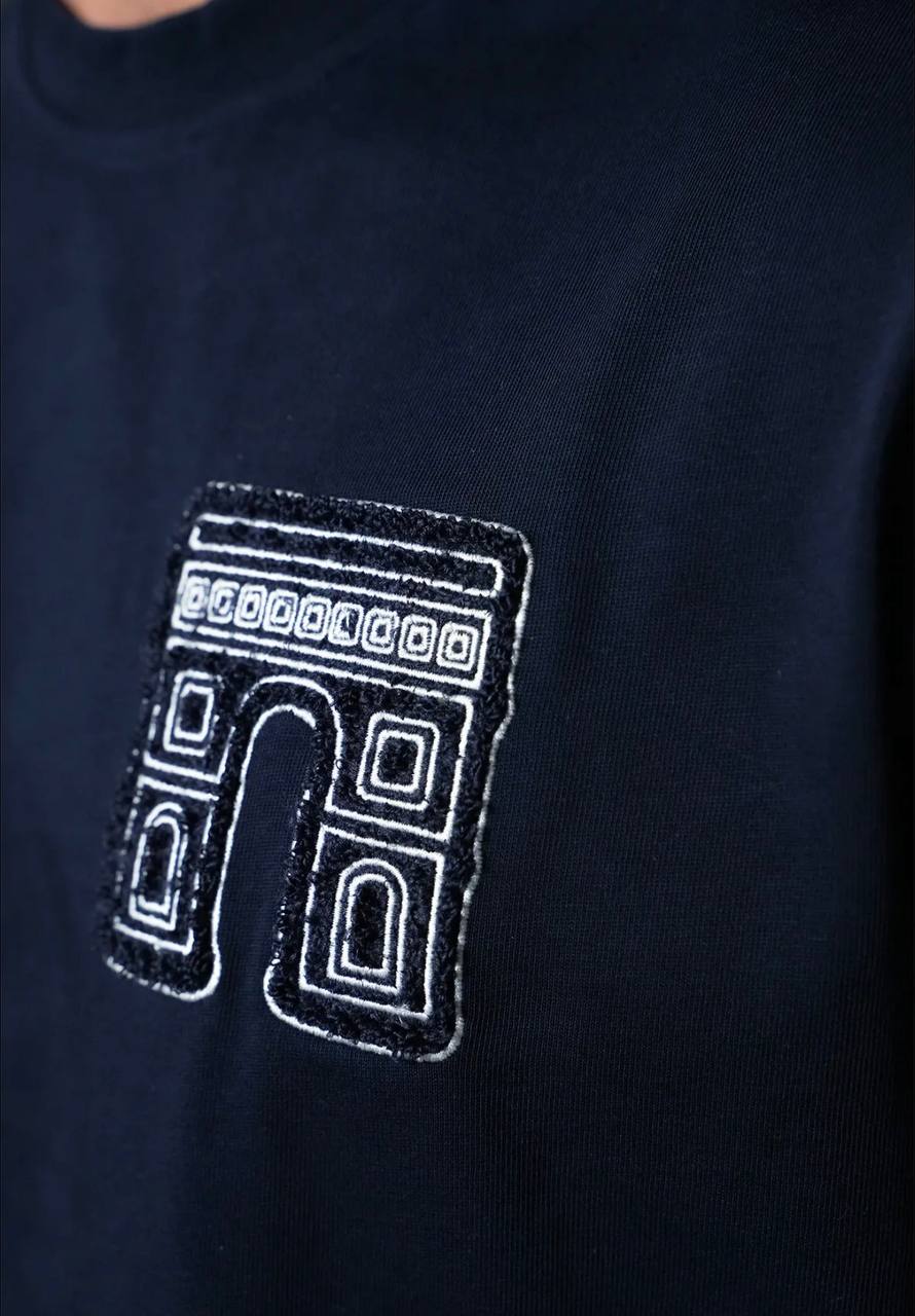 T-Shirt Homme Streetwear Patch Brodé Dos - Bleu Marine