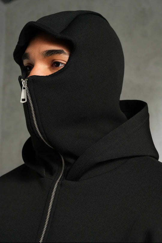 Hoodie Masque Zip Intégral – Noir