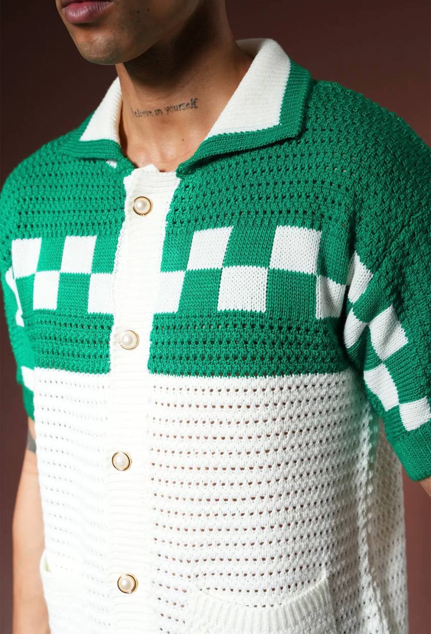 Ensemble Chemise & Short Texturé Maille motifs carreau - Blanc/vert