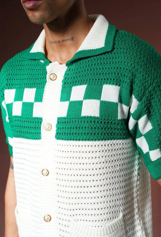 Ensemble Chemise & Short Texturé Maille motifs carreau - Blanc/vert