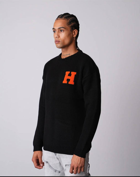 Pull "Harvard Style" Lettre H Brodée - NOIR