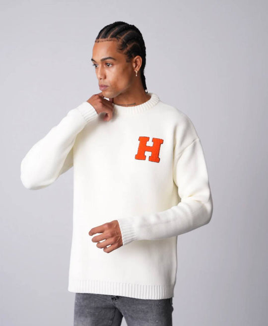 Pull "Harvard Style" Lettre H Brodée - BLANC