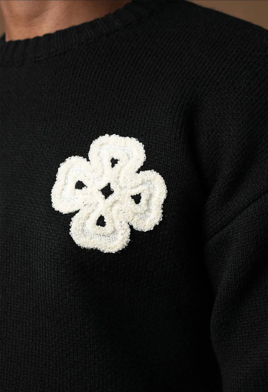 Pull Trèfle Tricot graphique brodé - NOIR
