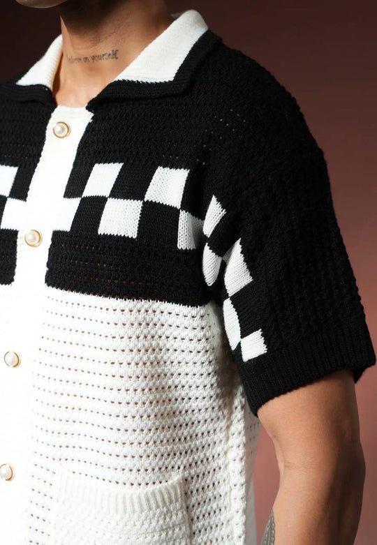 Ensemble Chemise & Short Texturé Maille motifs carreau - Blanc/Noir