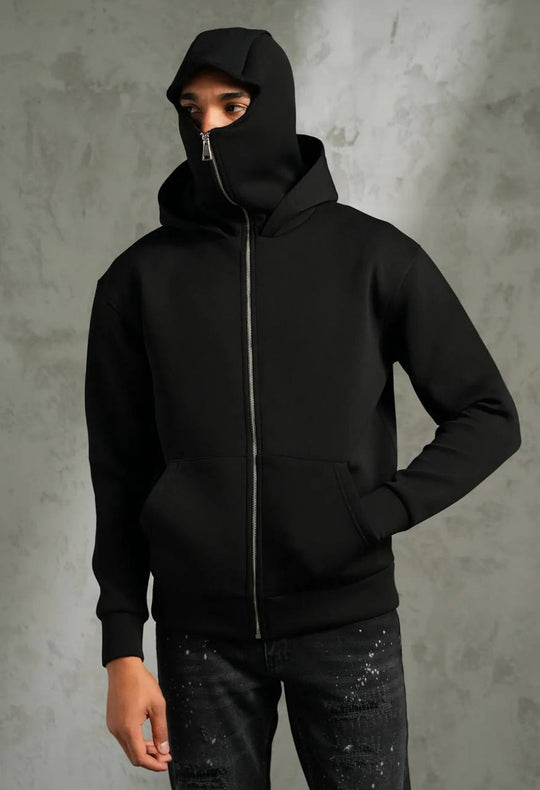 Hoodie Masque Zip Intégral – Noir