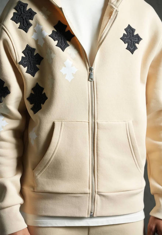 Ensemble Survêtement à Capuche Veste & Pantalon Motifs Streetwear - BEIGE