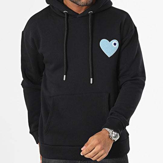 PULL BRODÉ COEUR BLEU 100% COTON - NOIR